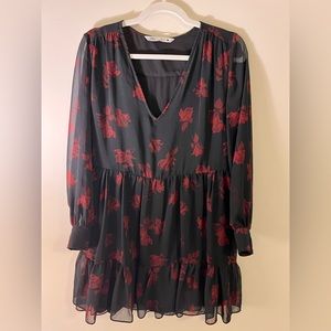 ZARA Floral Long Sleeve Baby Doll Dress Red & Black - S